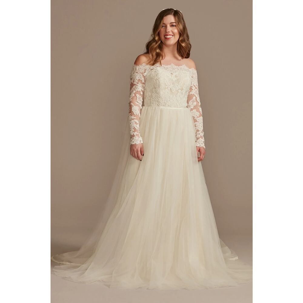 DB Studio Off The Shoulder Lace & Tulle Long Sleeve Wedding Dress Size 12. NEW!